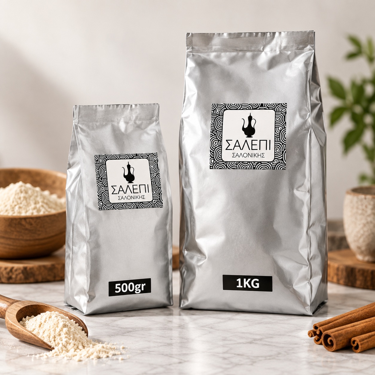 Two silver salepi powder bags, 500gr and 1kg, with cinnamon sticks and rice bowls nearby.